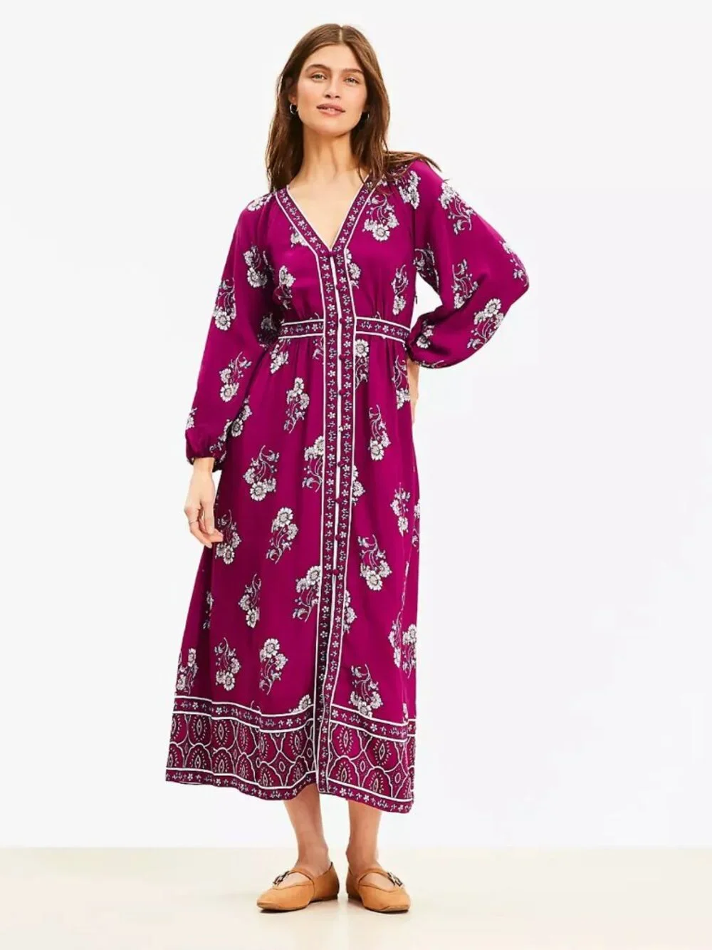 New! Loft Plum Caspia Floral Puff Sleeve Button Midi Dress Size 10 54513 - Picture 16 of 16